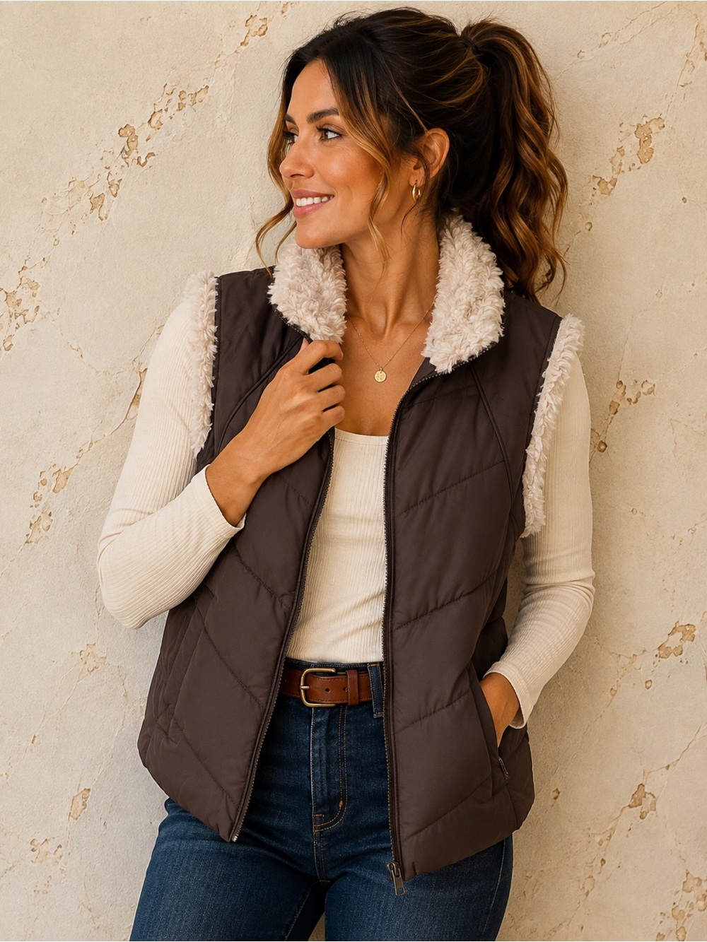 Big Chill Cocoa Brown Vest Faux Fur Trim Zip Up, Size Medium Spring Ready